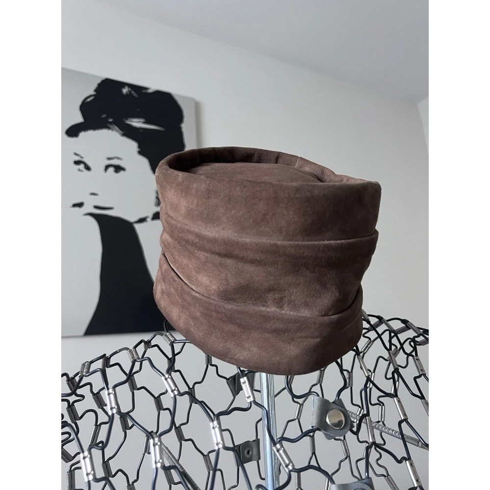 Vintage Brown Suede Pillbox Hat Mid Century Tiered‎ Union Made Brown Accessory